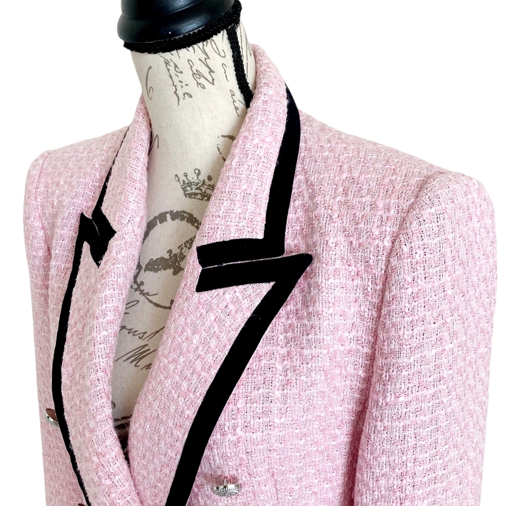 SOLD Zara Tweed pink Double Breasted Blazer Jacket L Structured contrast Black - Picture 11 of 17